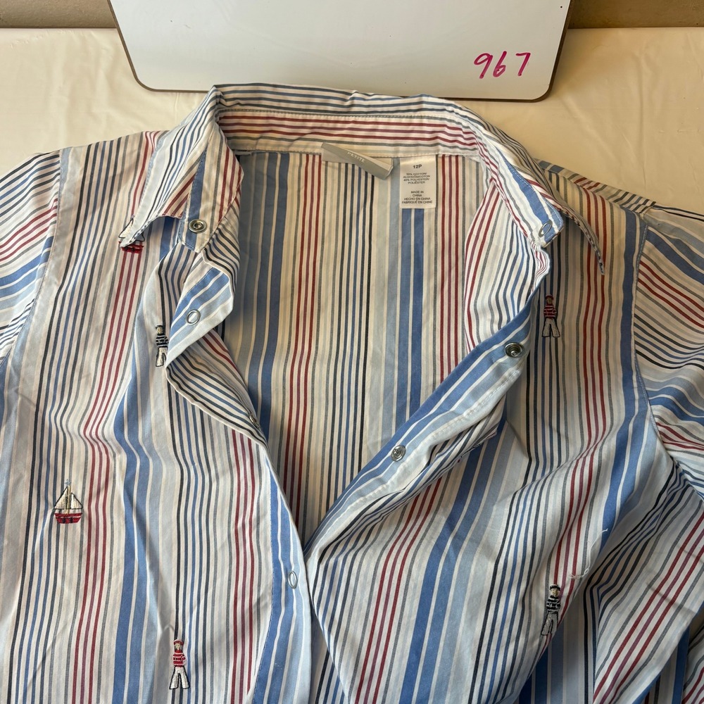 Alfred Dunner Women 12P Nautical Sailboat Striped Roll Tab Sleeve Shirt Blue - Picture 7 of 14